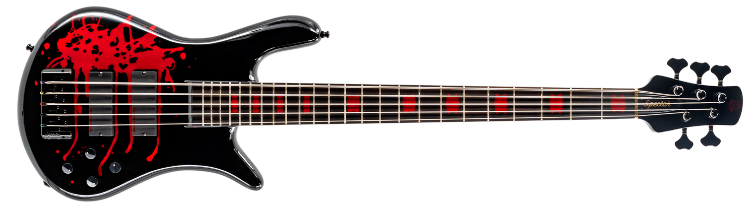 black and splattered red electric bass