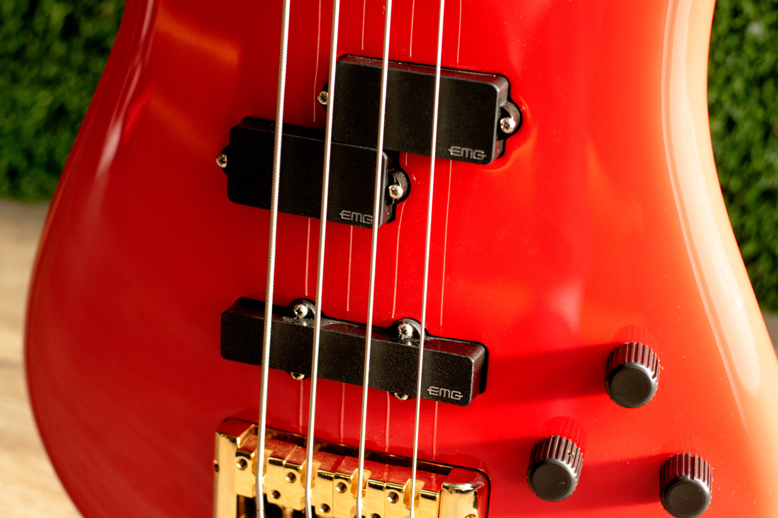 closeup of body of red Spector bass