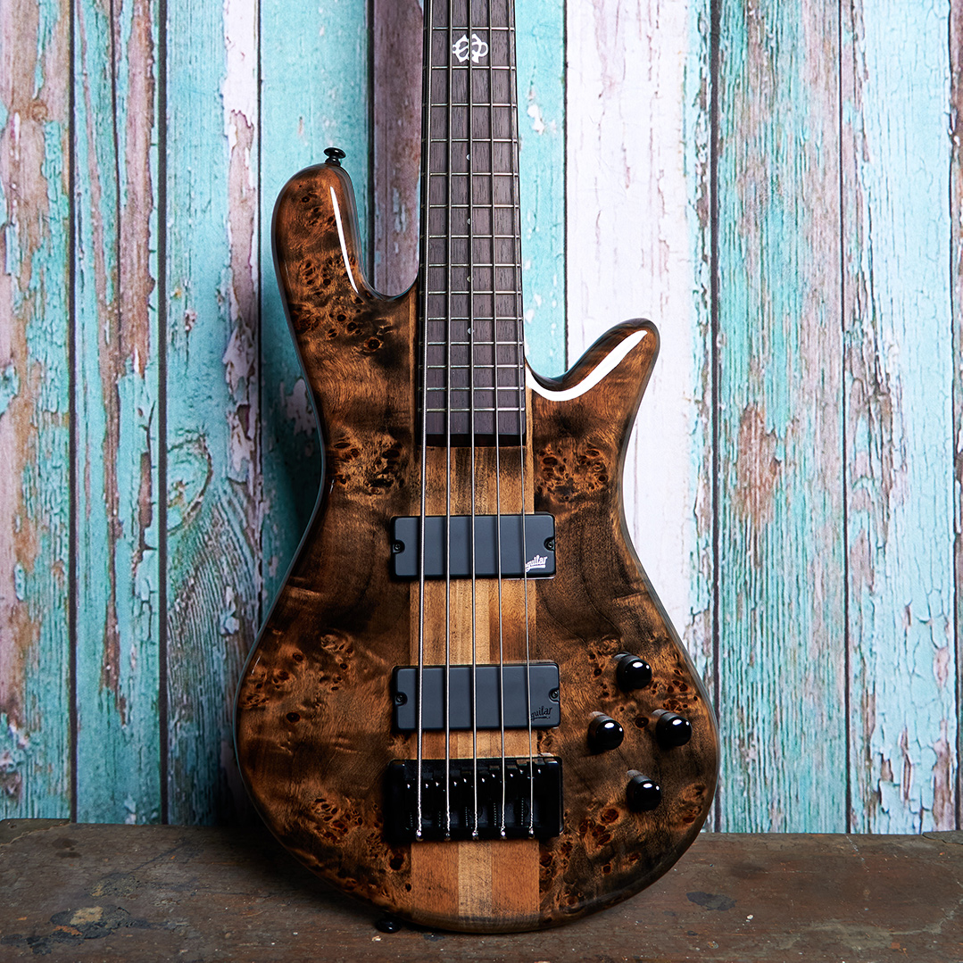 body of brown Spector bass in front of blue wood panels