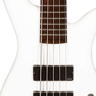 Bantam 5 Solid White electric bass close up