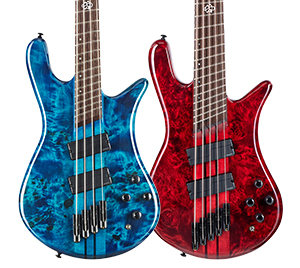 bodies of NS Dimension bass guitars side by side in Black & Blue and Inferno Red