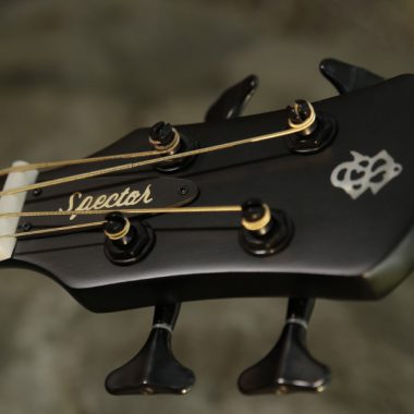 closeup of headstock of Spector bass