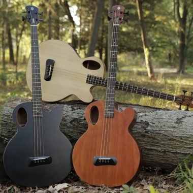 three Spector acoustic basses leaning on log in woods